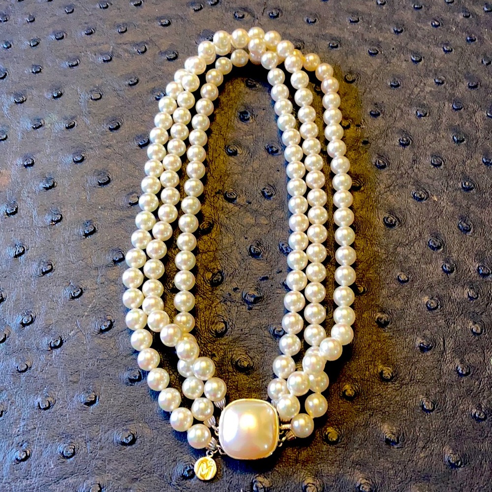Majorica Jackie-O Triple Strand Pearl Necklace